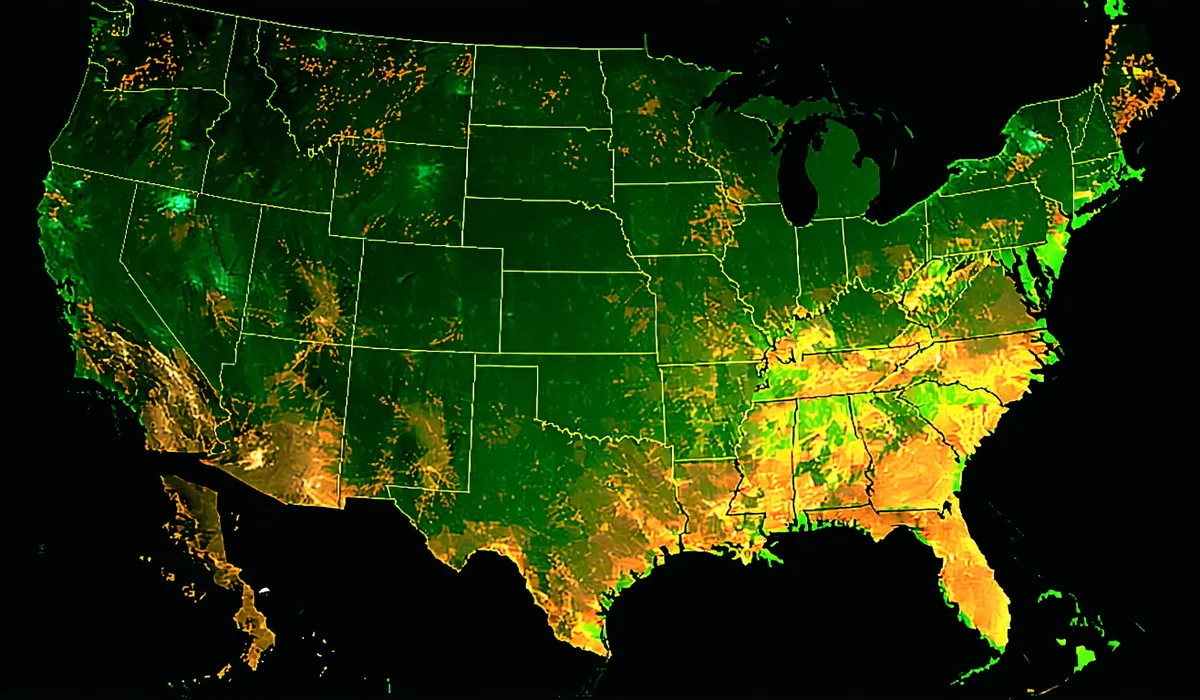 CONUS satellite coverage map showing monitored crop regions highlighted in mint green across the midwest and plains